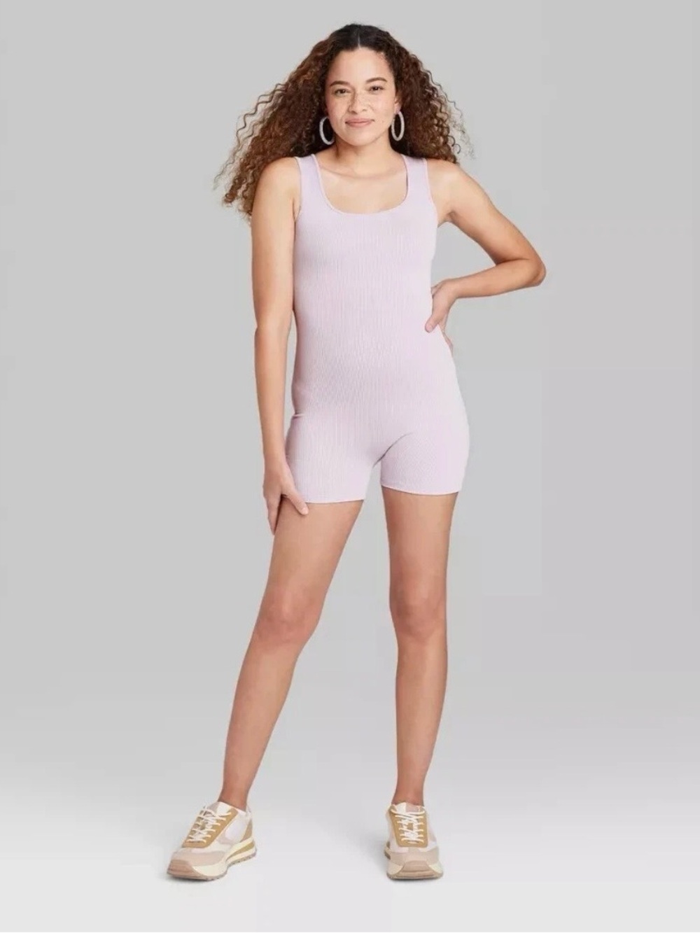 Ribbed Scoop-Neck Romper - Light Lilac, XL